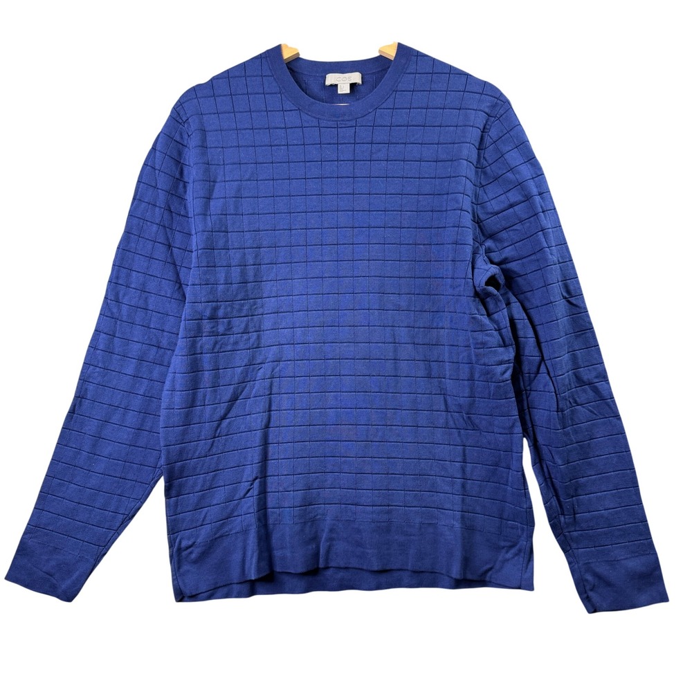 COS Mens Blue Grid Textured Knit Cotton Blend Crew Neck Sweater Large‎ Pullover